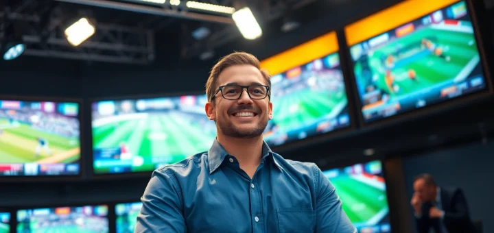 Enthusiastic broadcaster engaged in sports broadcasting from a vibrant studio.