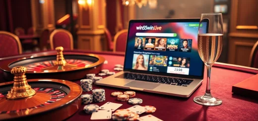 A thrilling casino scene showcasing win55win.live with poker chips, cards, and a vibrant roulette wheel.