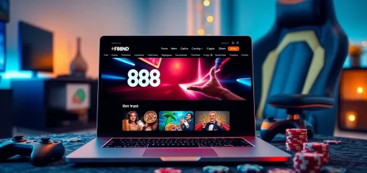 Experience the exciting world of online gaming with 888b.rodeo, featuring a sleek gaming setup and dynamic visuals.