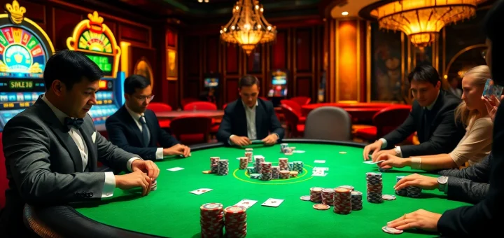 Intense poker action at Trang chủ NK89 casino with players focused on betting and strategies.