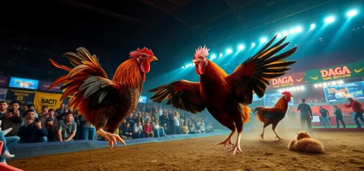 Action-packed live cockfighting scene at dagawin.live with intense fighters and enthusiastic crowd.