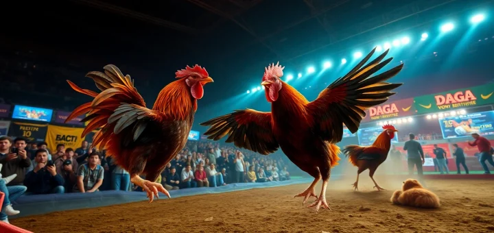 Action-packed live cockfighting scene at dagawin.live with intense fighters and enthusiastic crowd.