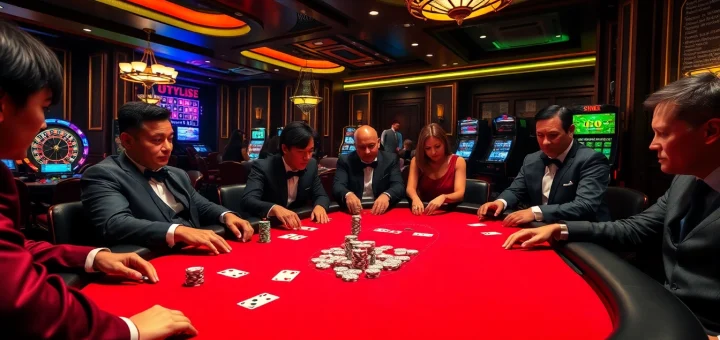 Players engaging in an intense round of poker at UU 88 casino, showcasing chips and cards.
