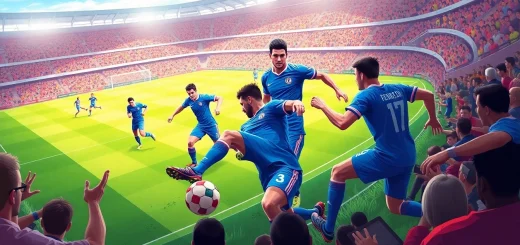 Dynamic soccer match illustration representing joemadfan.com with vibrant colors and energetic players.