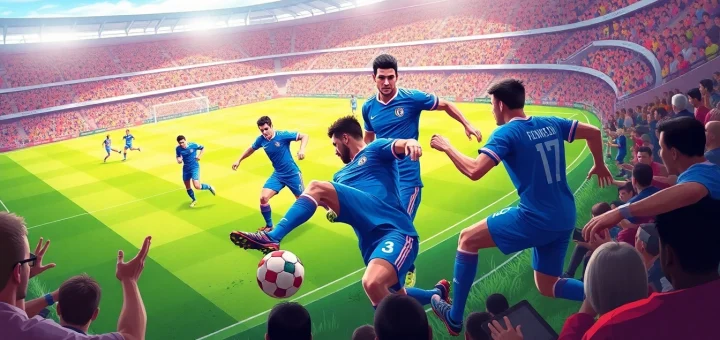 Dynamic soccer match illustration representing joemadfan.com with vibrant colors and energetic players.