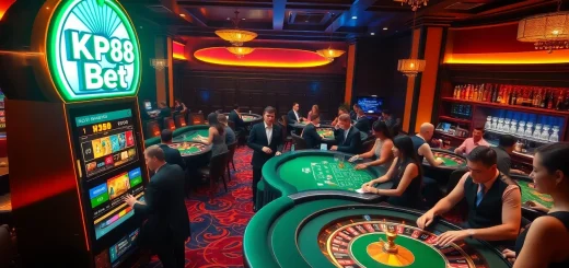 Experience the excitement of KP88 bet at a luxurious casino featuring vibrant slot machines and poker tables.