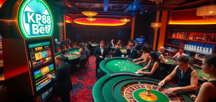 Experience the excitement of KP88 bet at a luxurious casino featuring vibrant slot machines and poker tables.