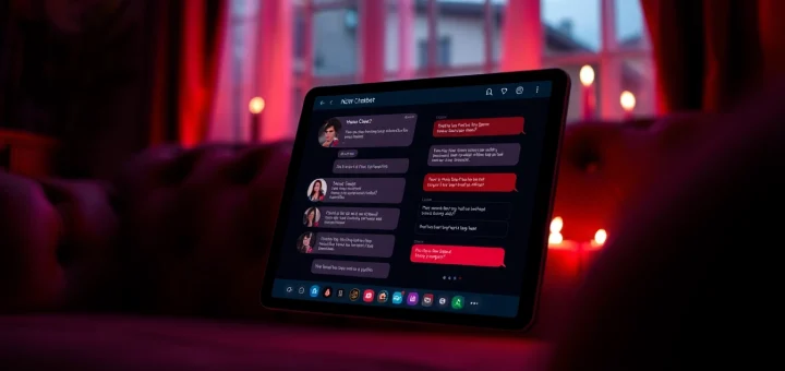 A modern NSFW chat bot interface on a tablet in a cozy, ambient-lit room.